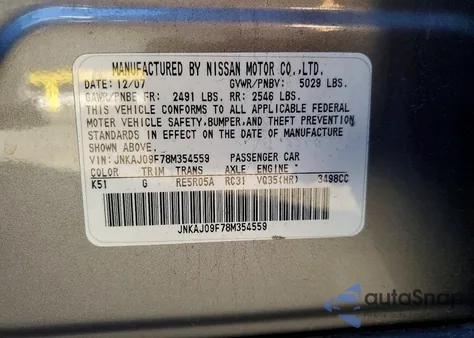 2008 Infiniti Ex35 Base z USA, uszkodzony, nr VIN JNKAJ09F78M354559